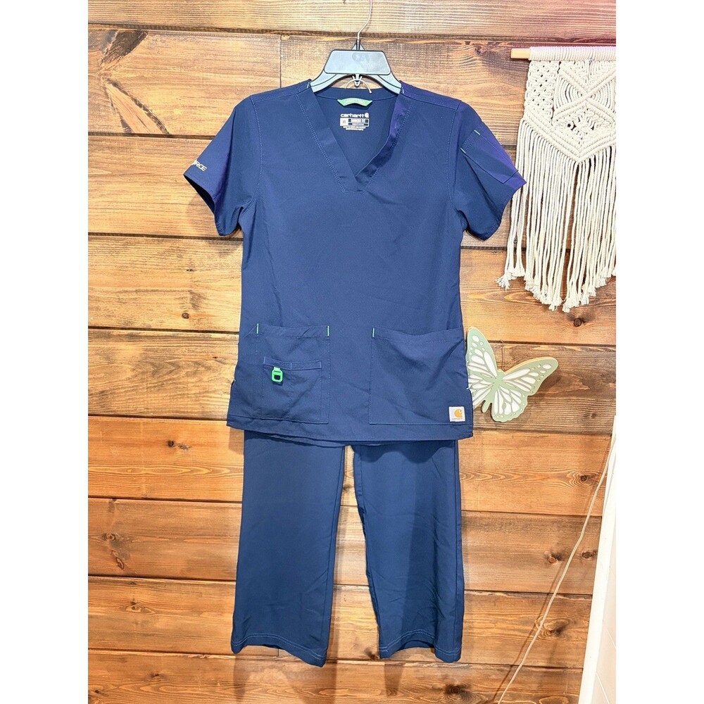Woman’s Carhartt Scrubs Navy Blue And Green 9 Pocket Work Force Set Size XS - Picture 3 of 9